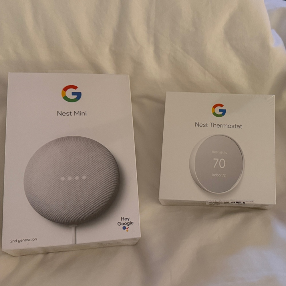 Google Nest Mini and Thermostat in Light Gray